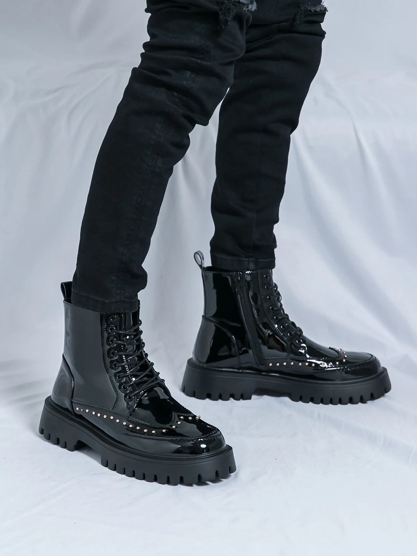 Men's Mid-Calf Leather Motorcycle Boots Pointed Toe Lace-Up