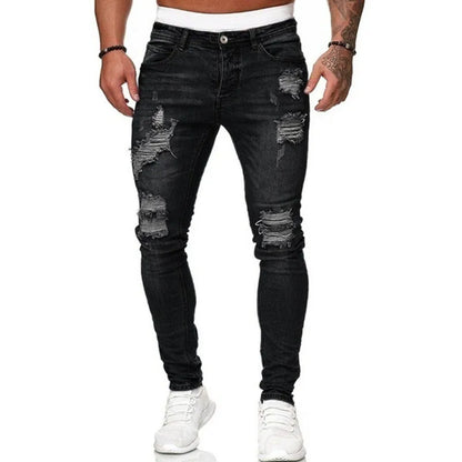 Men's Ripped Skinny Jeans Denim Vintage Wash Slim Fit