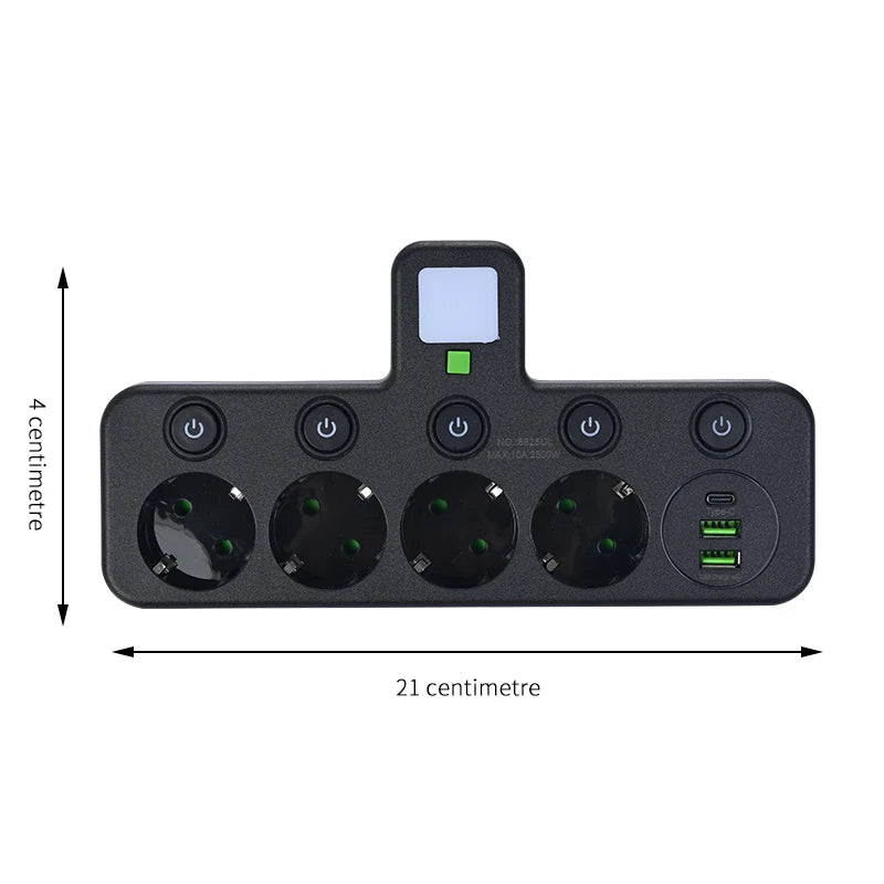 EU Plug Power Strip 4 AC Outlets 2 USB 1 Type-C Ports Two specifications Independent switch with small night light