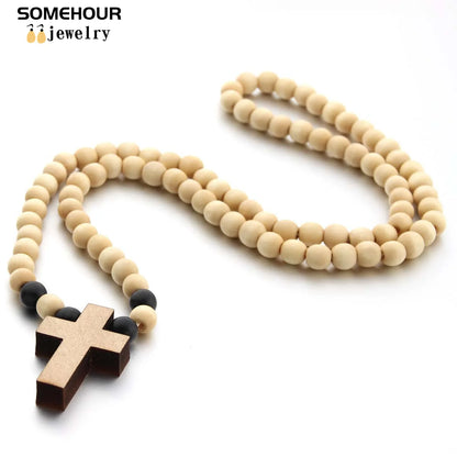 Wood Bead Cross Necklace & Bracelet Set – Religious Accessories for All