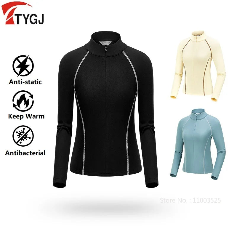 TTYGJ Slim Long Sleeve Golf Base Shirt Women Zipper Neck Warm Velvet Tops Autumn Winter Windproof Thicken Leisure Golf Blouse
