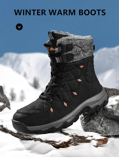 Men's Winter Snow Boots Leather Waterproof Mid-Calf Plush Lining Lace-Up