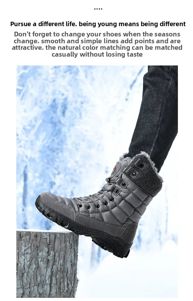 Men Winter Snow Boots Waterproof Leather High Top Plush Lined MidCalf Big Size