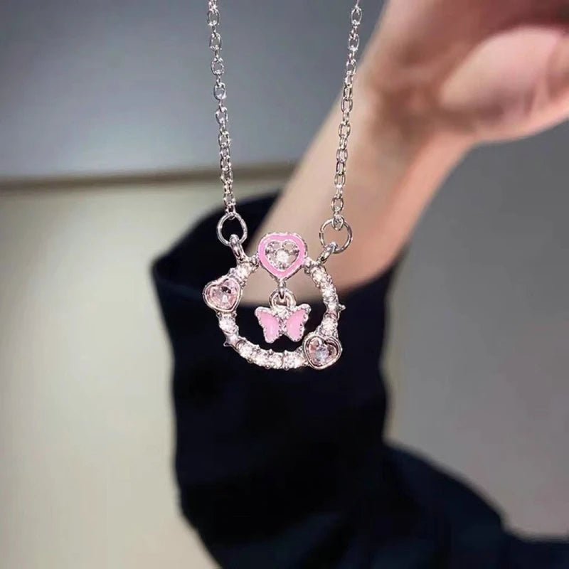 Fashion Pink Planet Heart Zircon Necklace Women Charm Aesthetic Clavicle Chain Necklace Valentines Day Gift Party Jewelry