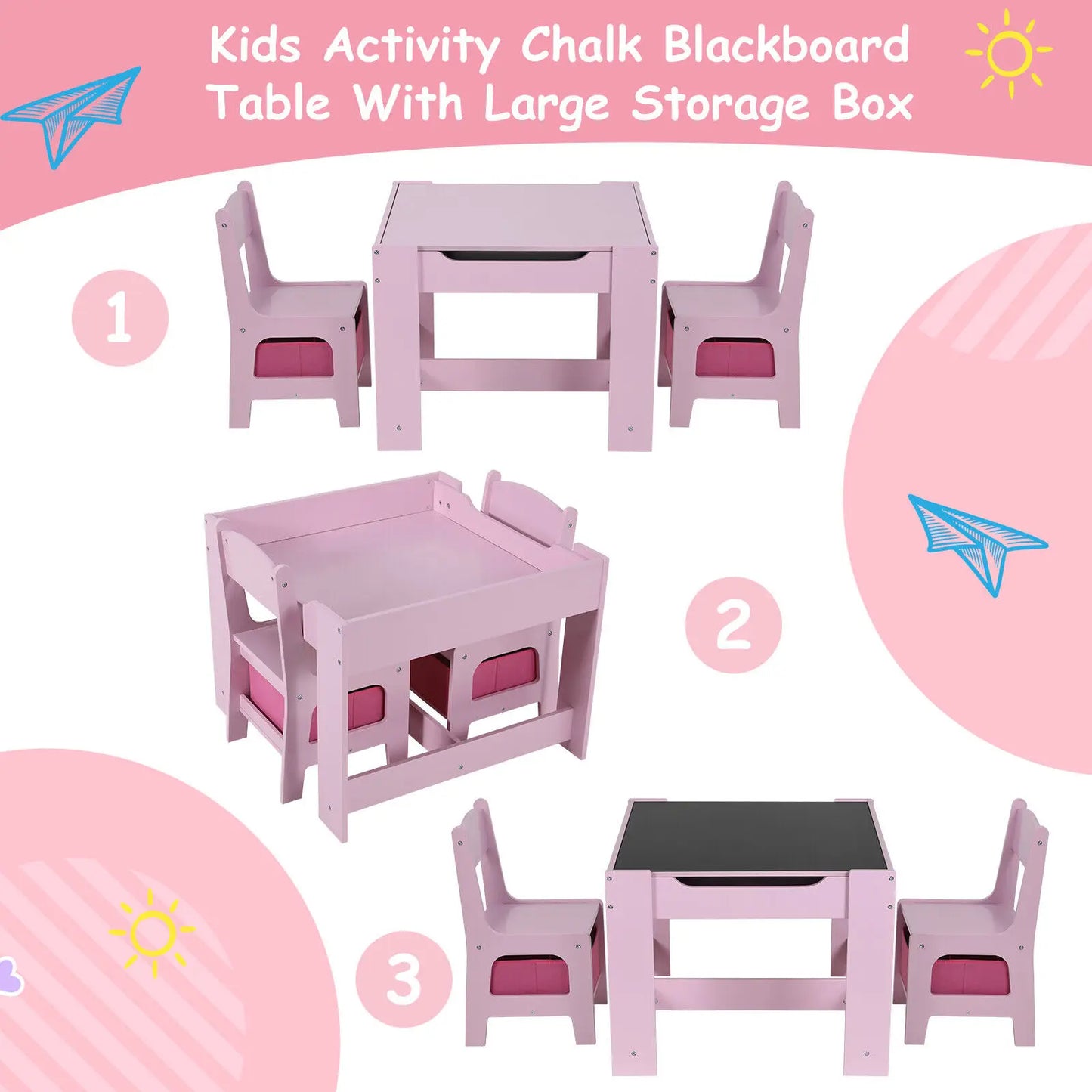 Kids Table and 2 Chairs Set W/ Storage Drawer Wooden Activity Table For Toddlers Detachable for Children Drawing Reading