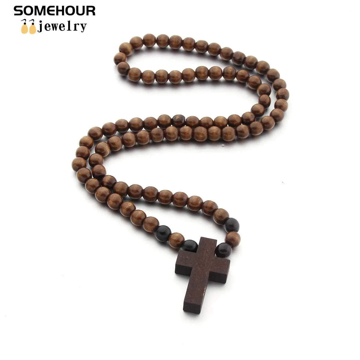 Wood Bead Cross Necklace & Bracelet Set – Religious Accessories for All