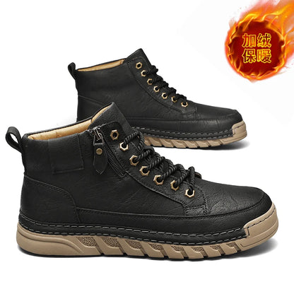 Men Leather Boots Mid Calf Lace Up Anti Slip Rubber Outsole