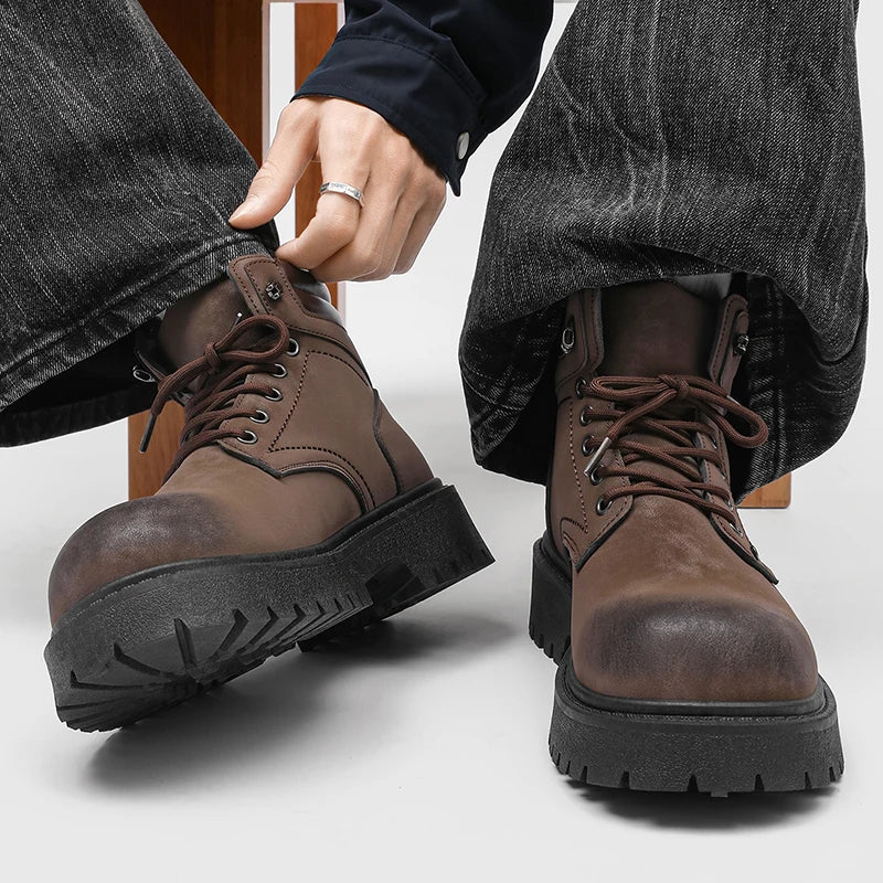 Men's Snow Boots Ankle-Height Leather Lace-Up Thick-Sole Size 39-46