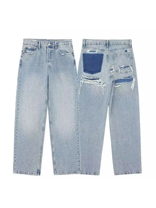 HH 2024 Women's Street Fashion Denim Blue Jeans Distressed Patchwork High Waist Zipper Fly Ripped Retro Long Pants