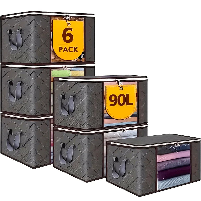 6pcs 23.78 gallon oversized storage bag with zipper and lid - Foldable and durable clothing organizing bag suitable for bedding