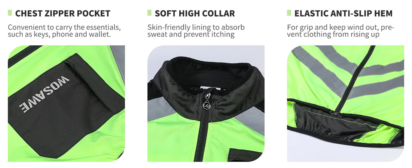 WOSAWE Men’s Cycling Windbreaker Jacket Waterproof Windproof Reflective Bike Coat Lightweight Outdoor Sports Apparel Portable