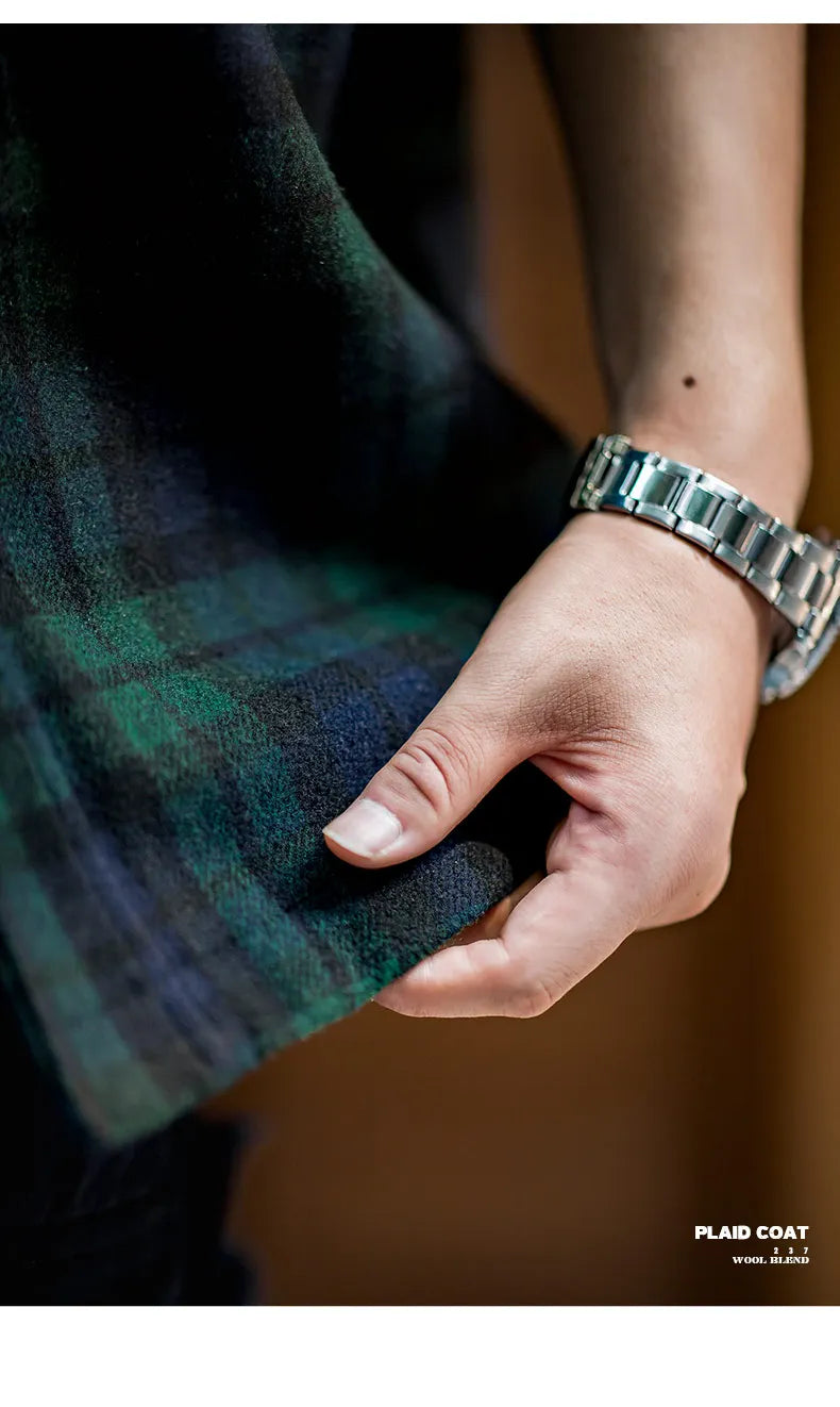 Maden American Retro Blue Green Plaid Wool Jacket Loose Thick Plaid Shirt Jacket Men's Coat Clothing Spring And Autumn