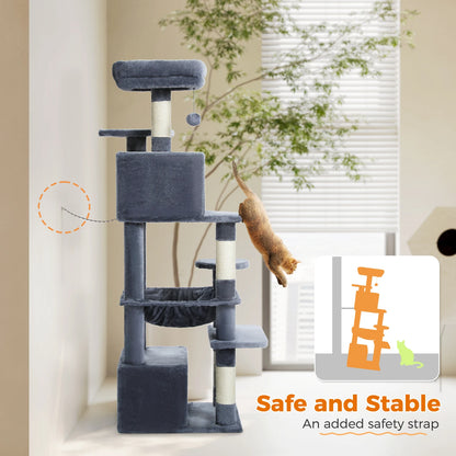 Cat Tree Tower With Five Levels, Wood Frame, Plush Fabric, Sisal