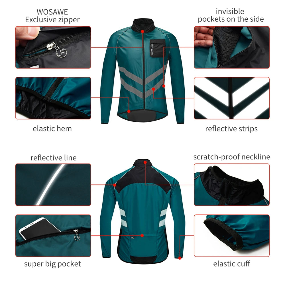 WOSAWE Men’s Cycling Windbreaker Jacket Waterproof Windproof Reflective Bike Coat Lightweight Outdoor Sports Apparel Portable