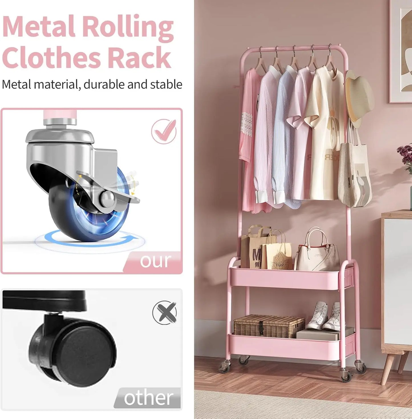 Kids Rolling Clothes Rack with Wheels and Baskets, Pink Storage Organizer for Children's Bedroom