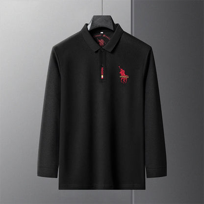 Men's Long Sleeve Polo Shirt Polyester Knit With Horse Embroidery
