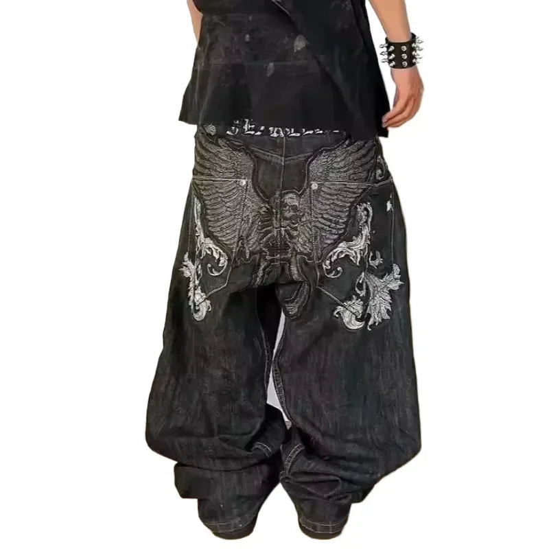 Embroidered Letter Loose Wide Leg Jeans, Stripe Pattern, Men