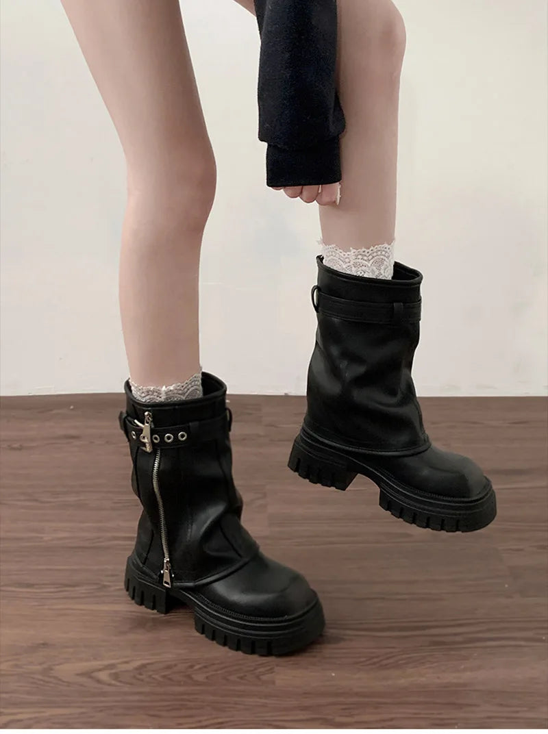 Winter Women Biker Boots Fashion Belt Buckle Ladies Elegant Platform Flats Short Booties Casual Women's Knight Booties