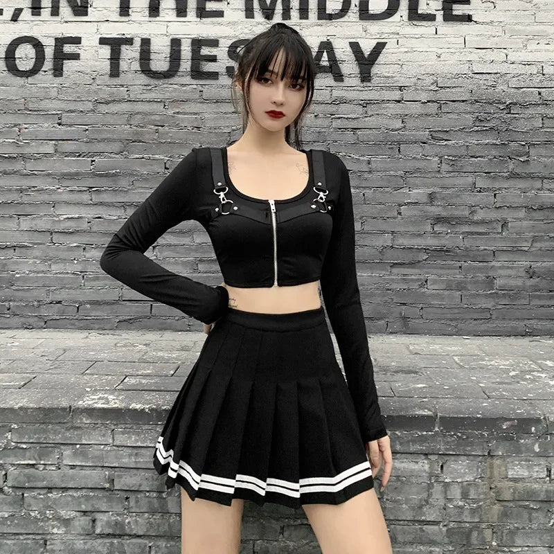 Fashion Korean Style Patchwork Skirt Harajuku Black Pleated Skirts Gothic Streetwear High Waist Mini Skirt Women Punk Skirt