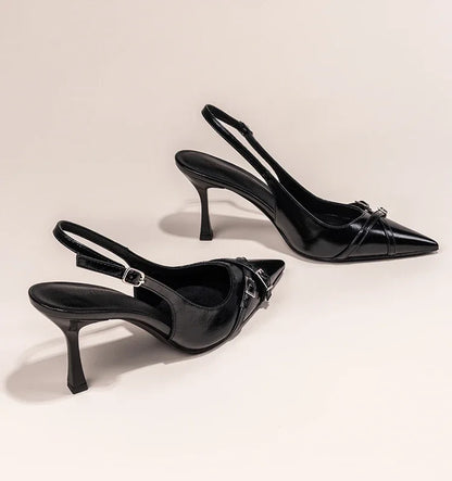 Women Black Pointed Toe Stiletto High Heel Shoes Back Strap Buckle Decor