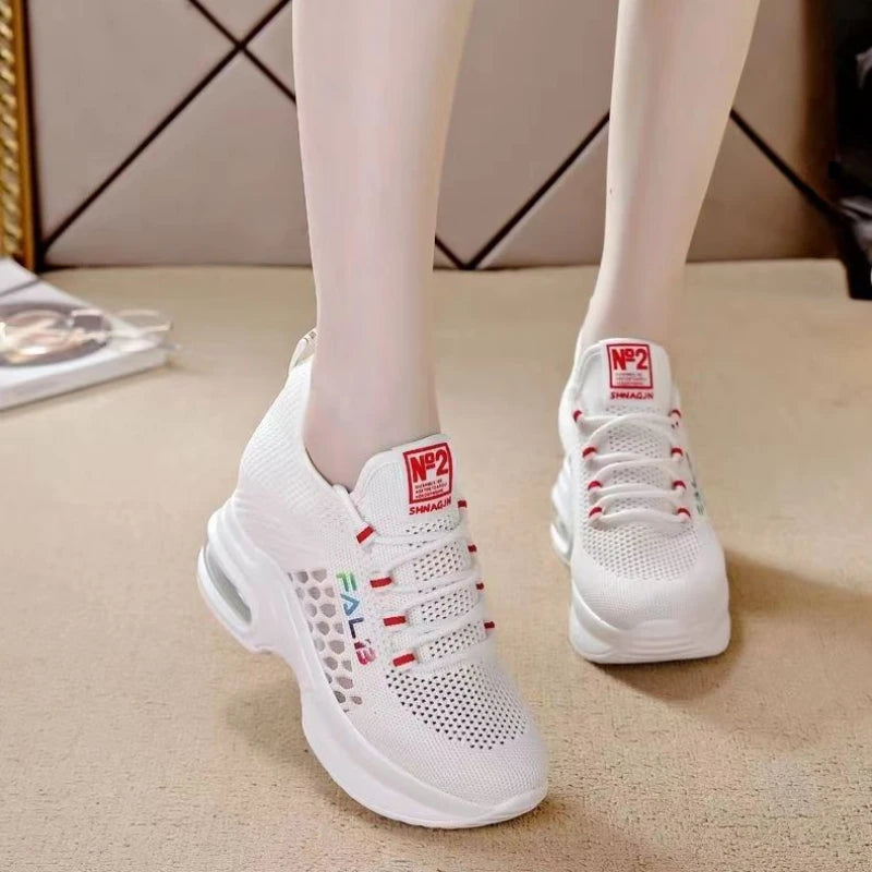Breathable Thick Bottom Comfortable Women's Sneakers 2024 New Womens Lace Up Wedge Shoes Versatile Female Shoes