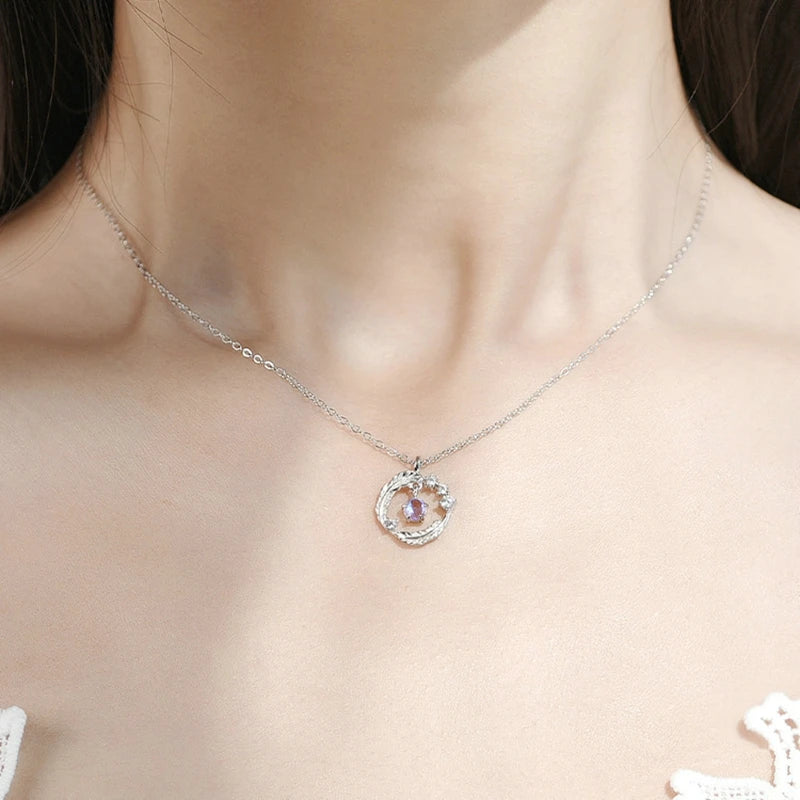 Fashion Pink Planet Heart Zircon Necklace Women Charm Aesthetic Clavicle Chain Necklace Valentines Day Gift Party Jewelry