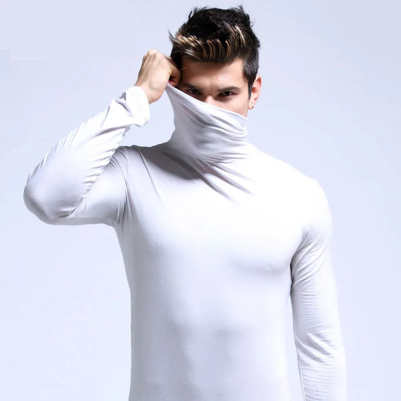 New Men Fashion T Shirt Tees Slim Tops Male Stretch T-shirt Turtleneck Long Sleeve Tee Shirts High Collar Men's Tees