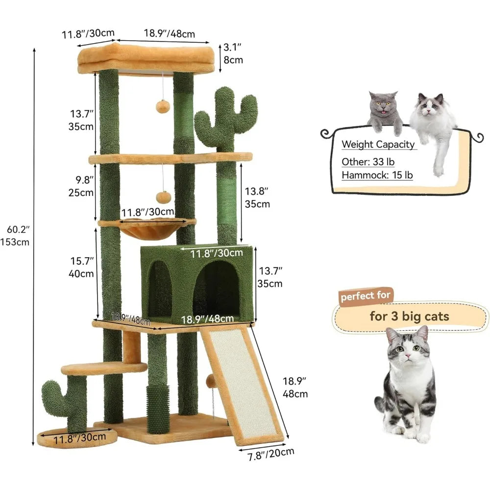 60in Tall Cactus Cat Tree Tower with Self-Grooming Brush, Climbing Condo, Perch, Basket, Scratching Posts for Indoor Cats