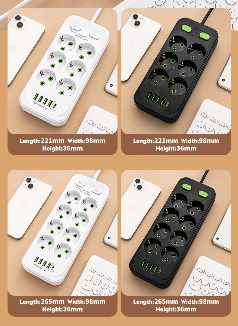 EU Plug Power Strip 6 AC Outlet Multitap Extension With 5 USB Ports 3m Cord Electrical Socket 2500W Fast Charge Surge Protector