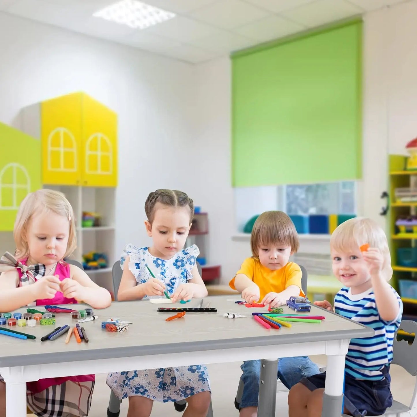 Kids Table and 4 Chairs Set, Height Adjustable Toddler Table and Chair Set, Graffiti Desktop, Non-Slip Legs, Children Multi-Acti