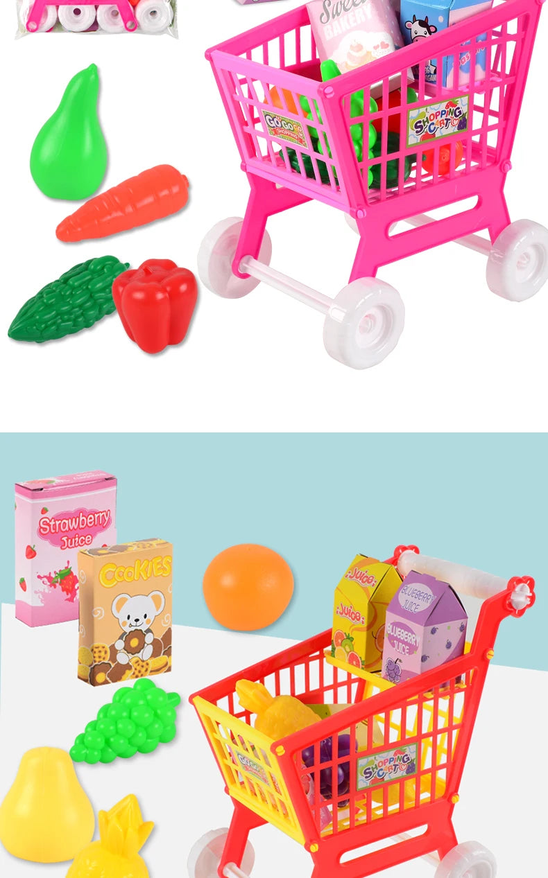 Shopping Cart Toys, Trolley for Groceries Supermarket Playset Fruit Vegetables Play Food Role Kitchen Store Toys for 3+ Kids