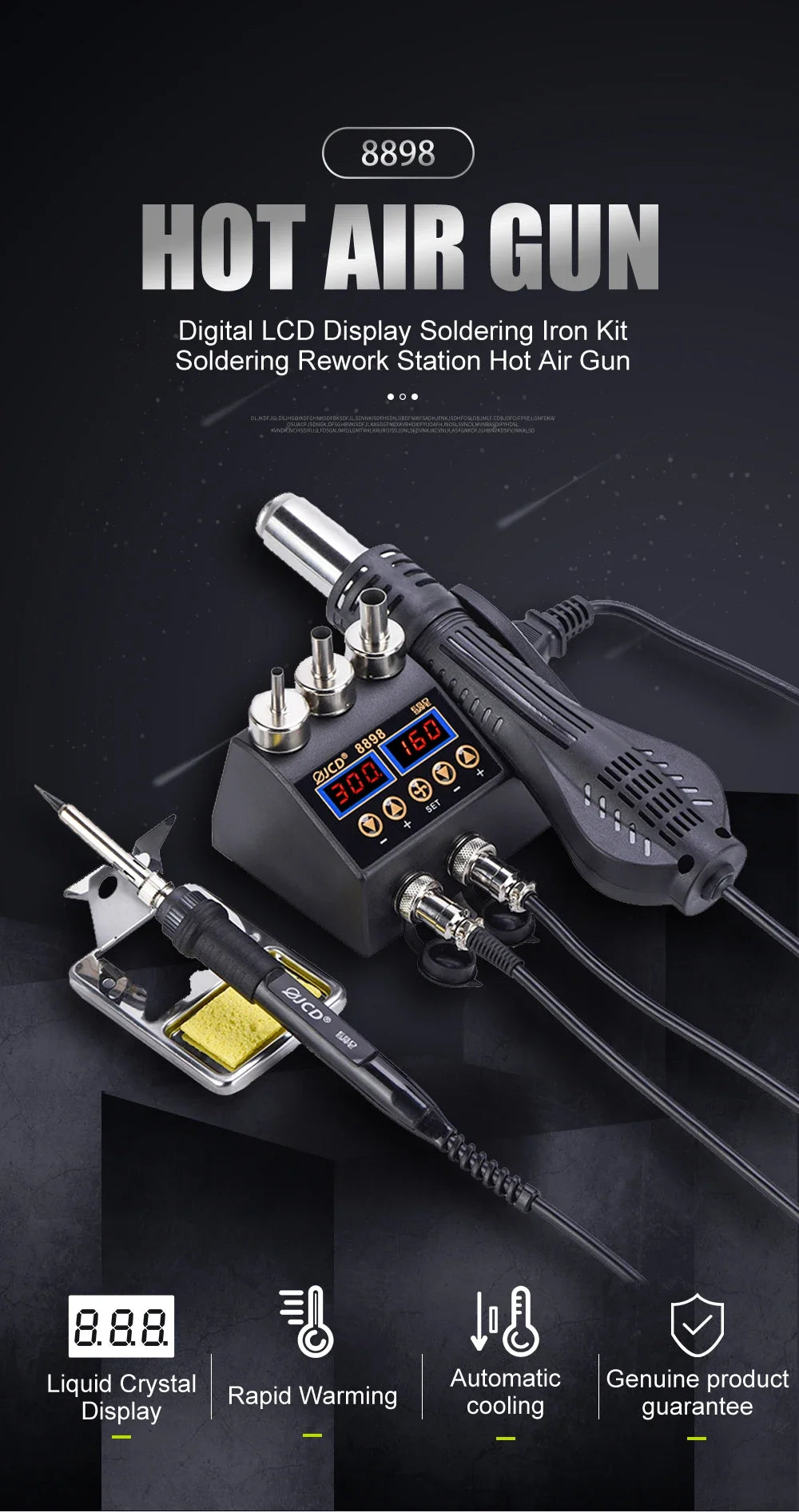 JCD 8898 750W Soldering Station 2 in 1 LCD Digital display Rework Welding Station Kit Soldering Iron Hot Air Repair Solder tools