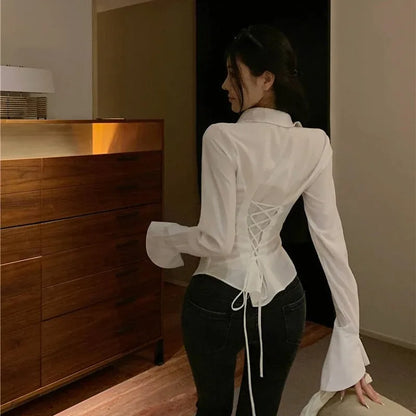 Women's Slim White Polyester Bell Sleeve Blouse Top