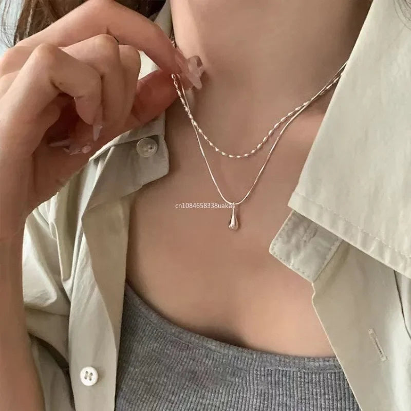 2025 Silver Simple Design Drop Pendant Necklace for Women Double Collar Chain Fashion Fine Jewelry Gifts Long Layered Necklace