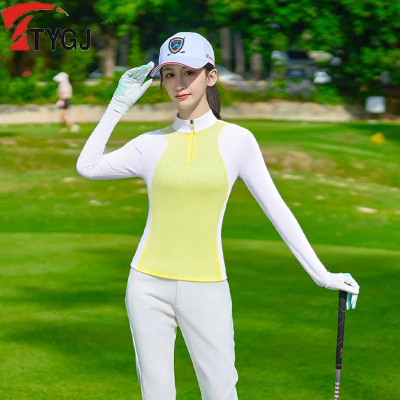 TTYGJ Autumn Spring Golf Clothing Women Contrast Color Golf Base Shirt Ladies Zipper Collar Soft Tops Slim Casual Sportswear