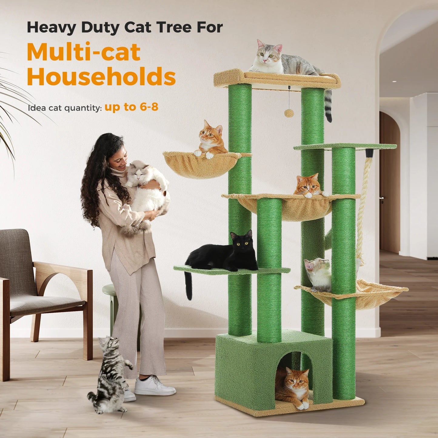 Multi-Level Cat Tree with Scratching Posts, Cozy Condo, Super Large Perch, Deep Hammocks, Tall Cat Tower for Indoor Adult Cats
