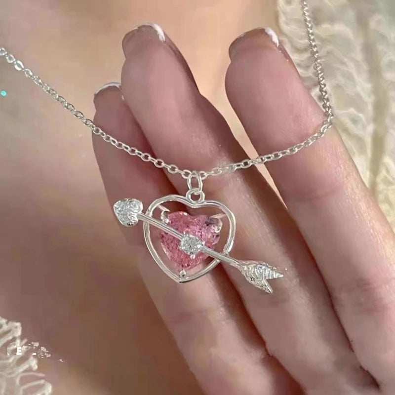 Fashion Pink Planet Heart Zircon Necklace Women Charm Aesthetic Clavicle Chain Necklace Valentines Day Gift Party Jewelry