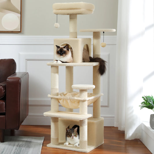 6-levels Cat Tree Tower with Joyful Pompom,Cozy Hammock,Double Condos,2 Top Perches,5 Scratching Posts Perfect for Indoor Cats
