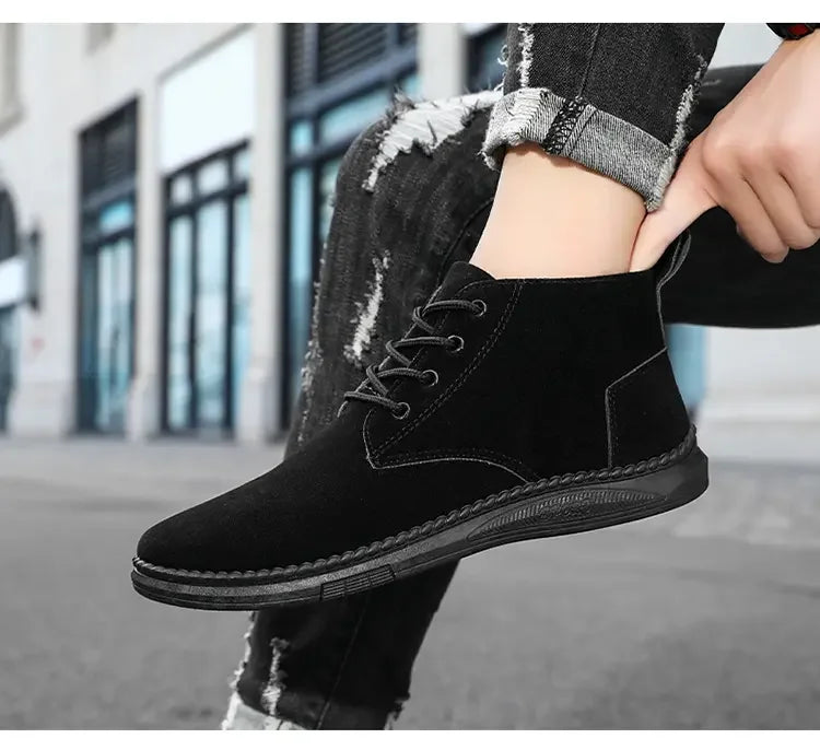 High Top Casual Board Shoes Men's Lace Up Suede Black Flat Bottom Short Boots Men's Chelsea Boots High-quality Brand Denim Boots
