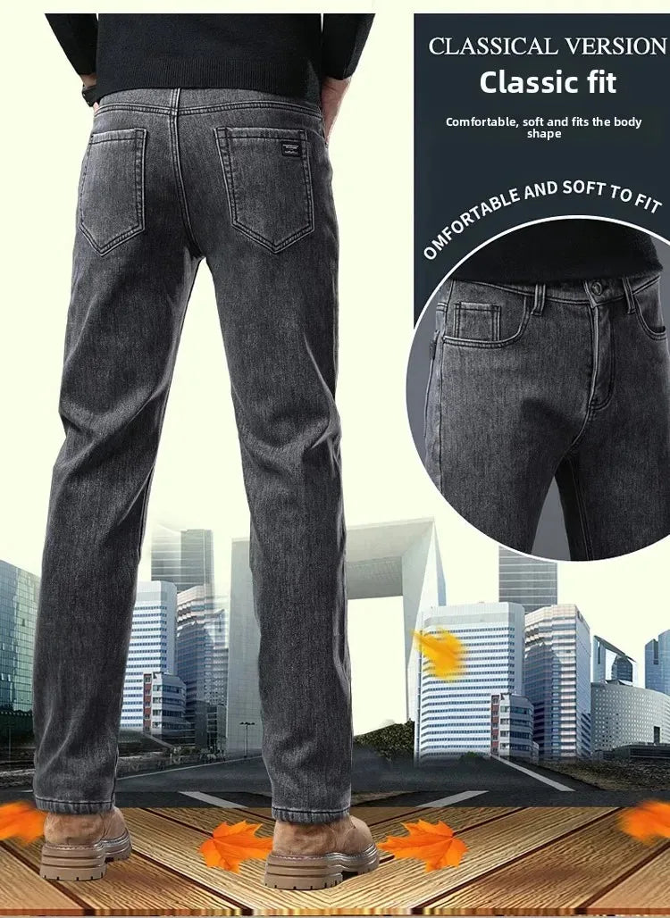 Plus Size Men's Black Straight Stretch Denim Jeans With Fleece Lined Warm Velvet
