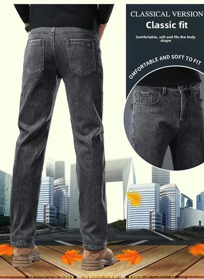 Men's Black Denim Jeans with Velvet Fleece-Lined Plus Size