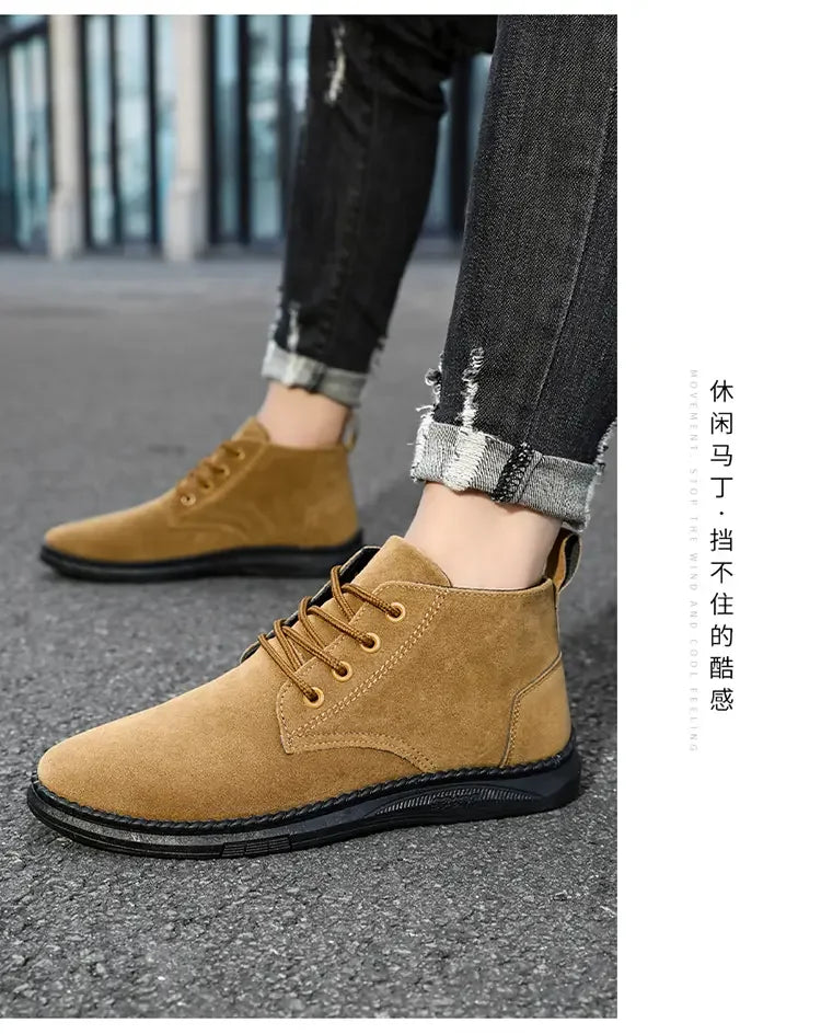 High Top Casual Board Shoes Men's Lace Up Suede Black Flat Bottom Short Boots Men's Chelsea Boots High-quality Brand Denim Boots