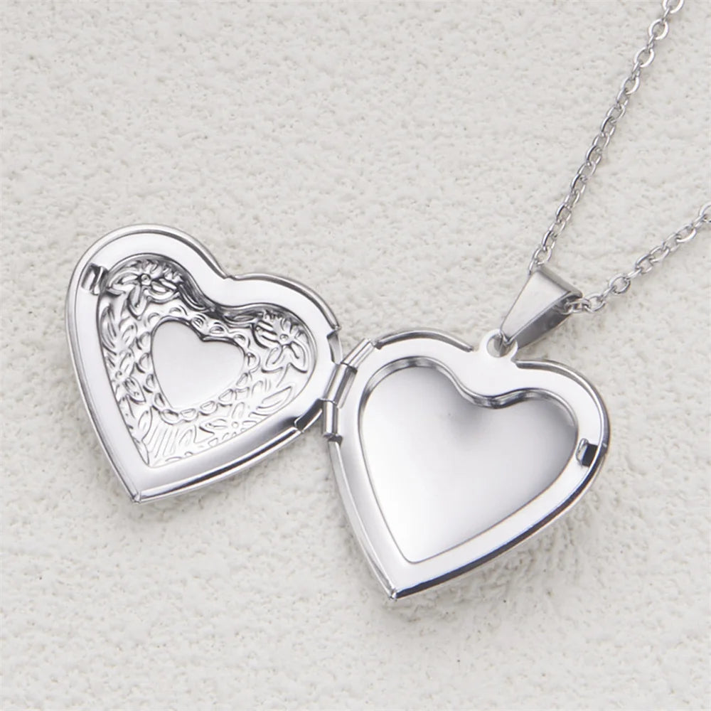 Romantic Heart Locket Pendant Openable Female Silver Color Stainless Steel Photo Frame Charm Necklace for Women Men Jewelry Gift