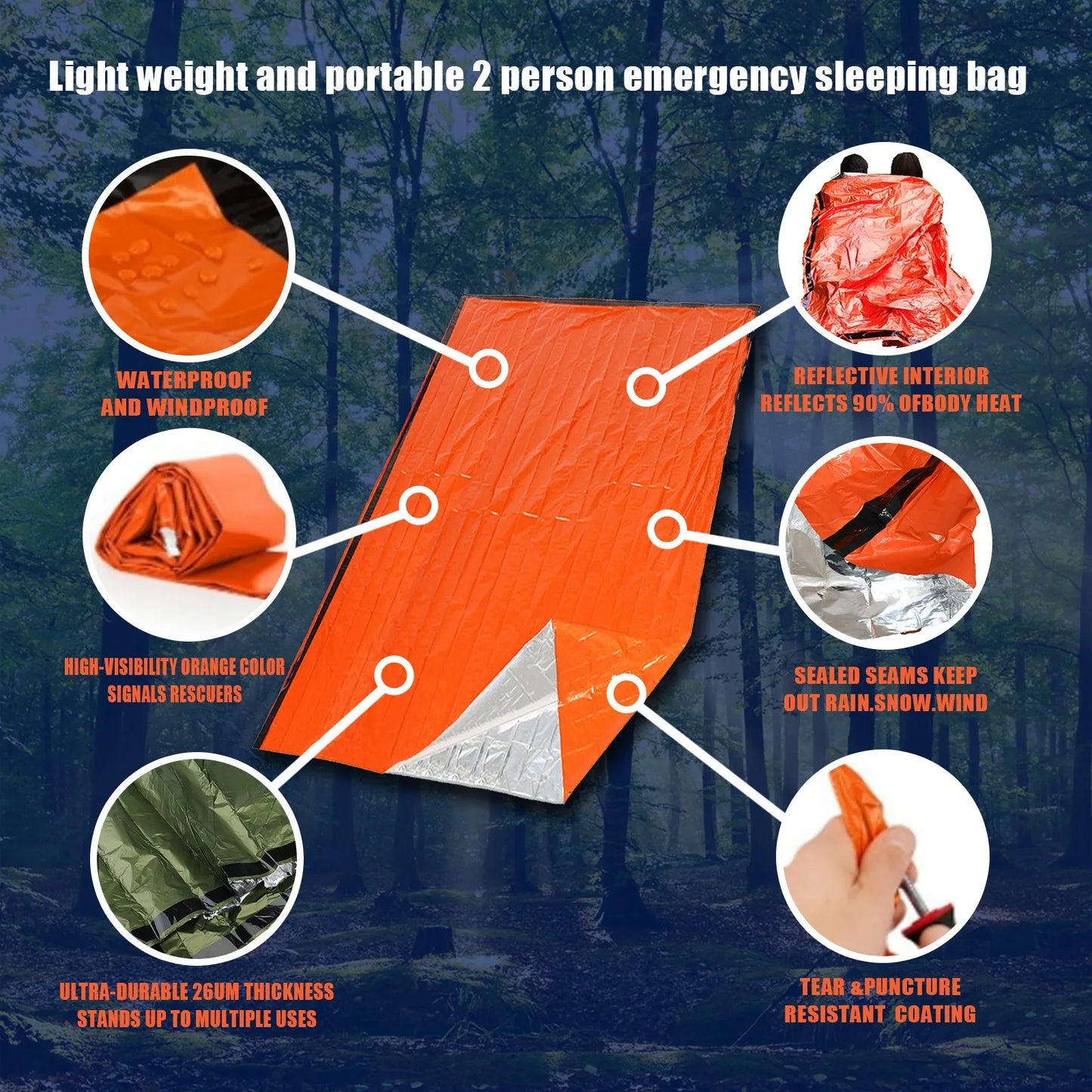 Emergency Survival Sleeping Bag Metalized Polyester Waterproof 1.8-2 m