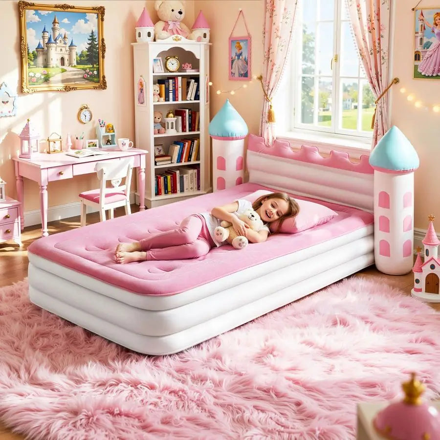 Inflatable Kids Bed, Pink Castle Toddler Travel Bed with Electric Air Pump, Kids Blow Up Mattress with Portable Storage Bag, Kid