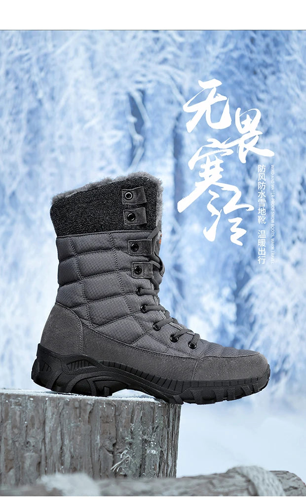 Men Winter Snow Boots Waterproof Leather High Top Plush Lined MidCalf Big Size