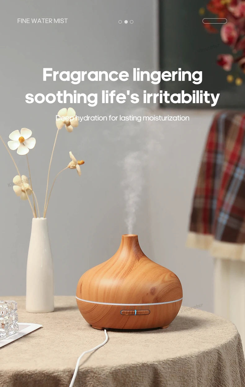 KINSCOTER Wood Grain Aromatherapy Diffuser 300ml Essential Aroma Oils Ultrasonic Air Humidifier 3 Timers USB Color Light