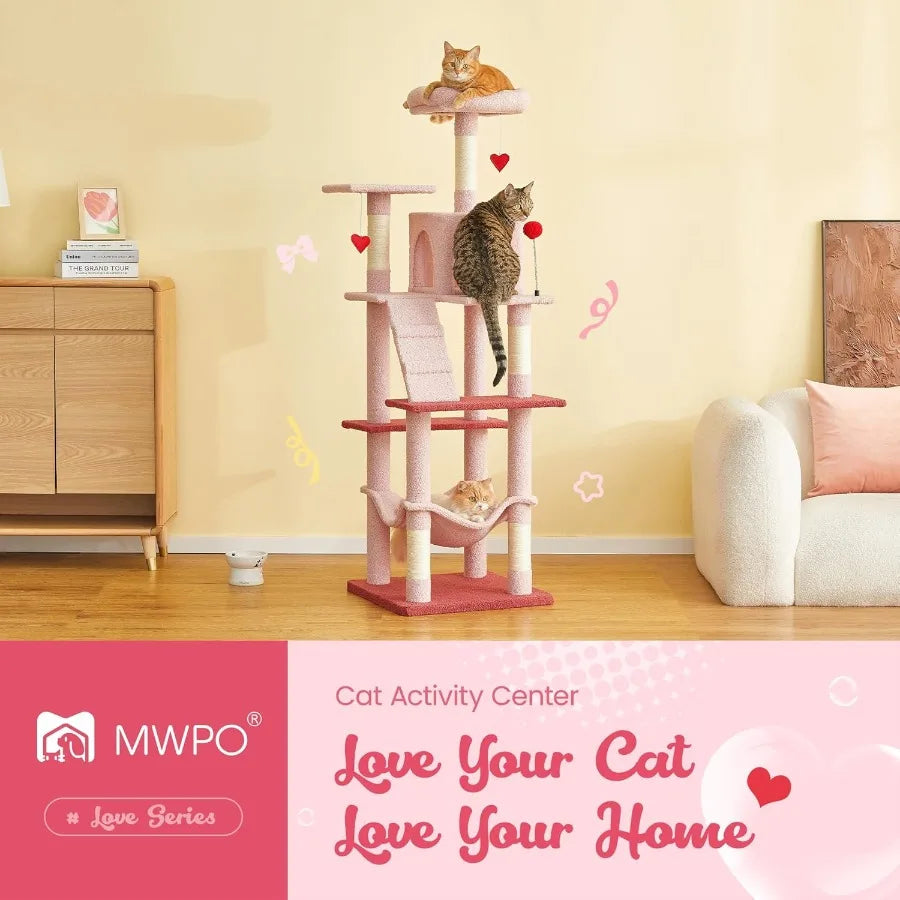 Cute Cat Tree 63.8-Inch Pink Cat Tower for Indoor Cats Multi-Level Cat Condo with 5 Scratching Posts 2 Perches Hammock Dangling