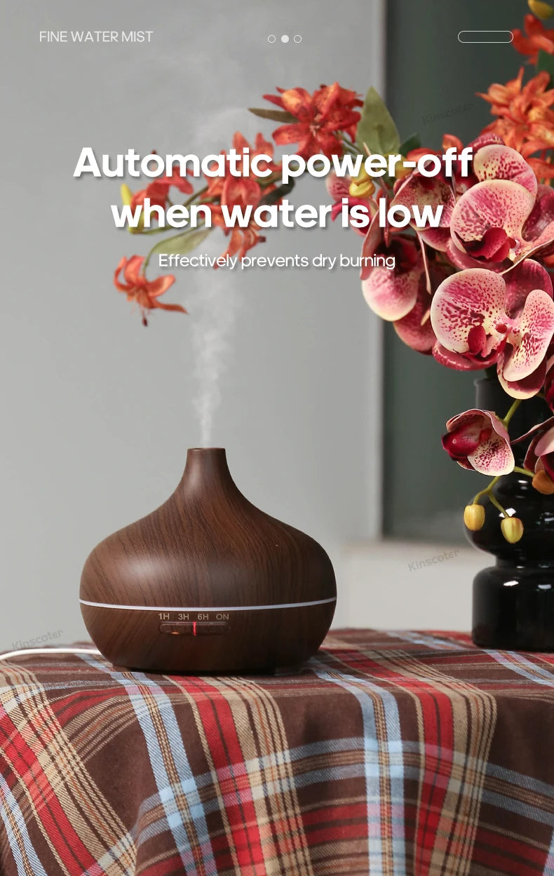 KINSCOTER Wood Grain Aromatherapy Diffuser 300ml Essential Aroma Oils Ultrasonic Air Humidifier 3 Timers USB Color Light
