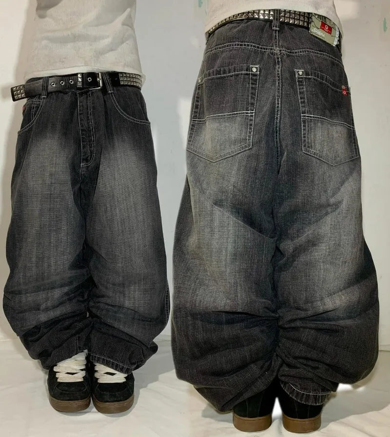 Men's Black High-Waist Baggy Wide-Leg Jeans, Y2K Streetwear